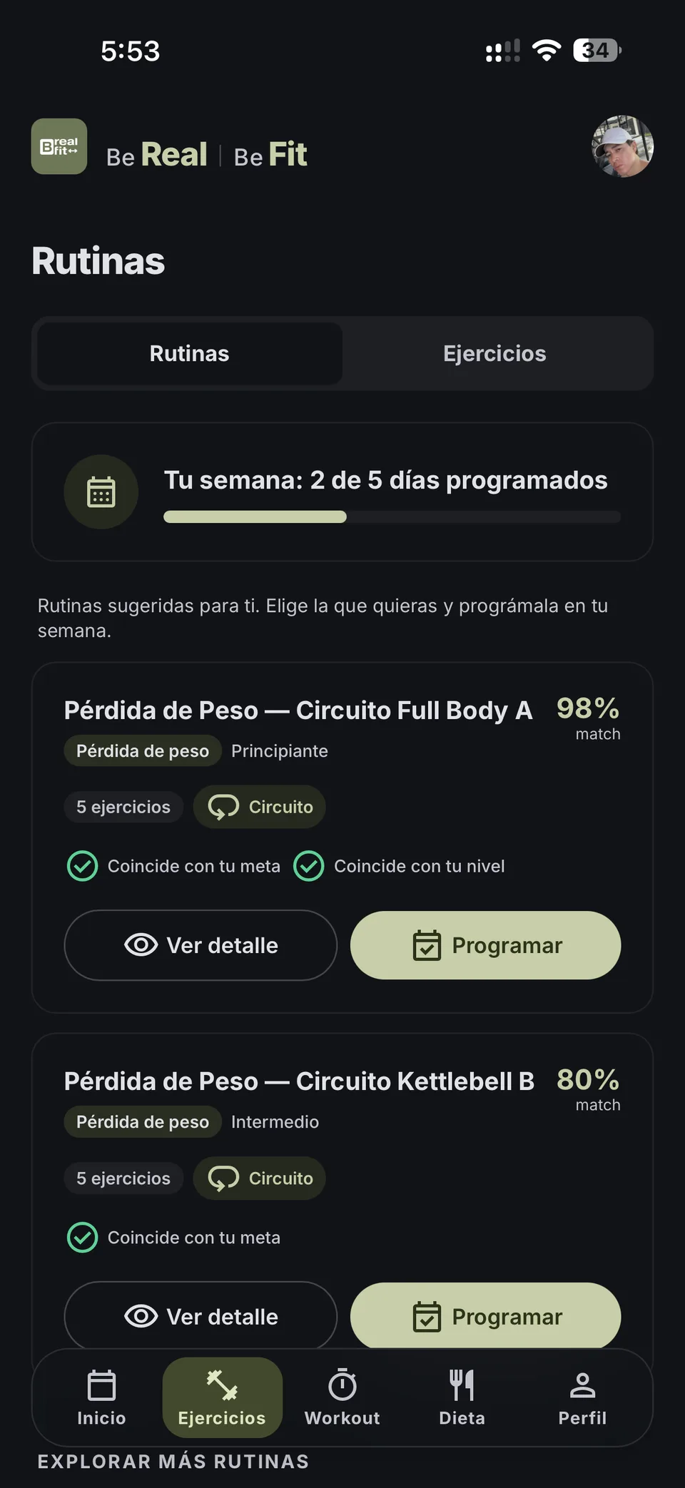 Ejercicios: Rutinas sugeridas con su % de coincidencia