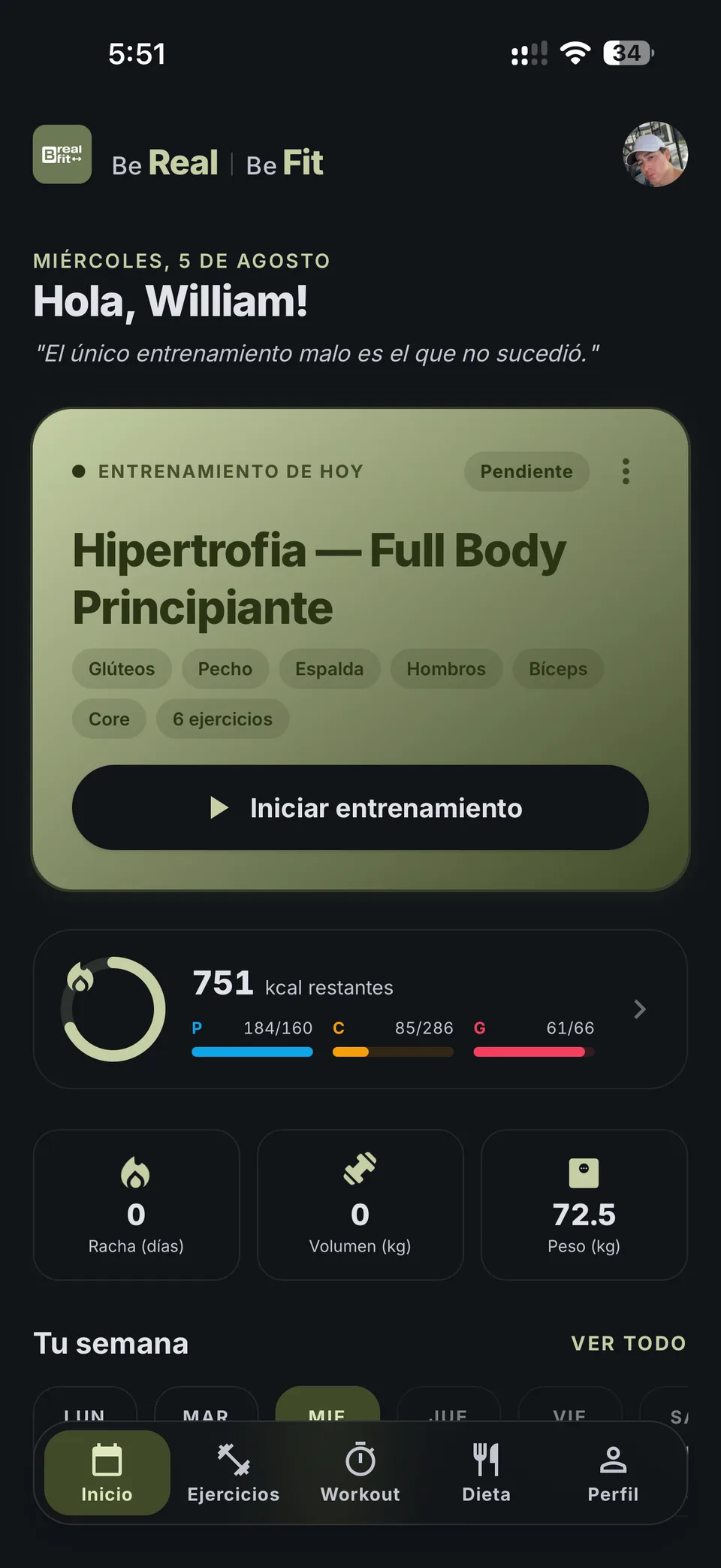 Inicio: Panel de inicio: entrenamiento de hoy, calorías, racha y tu semana
