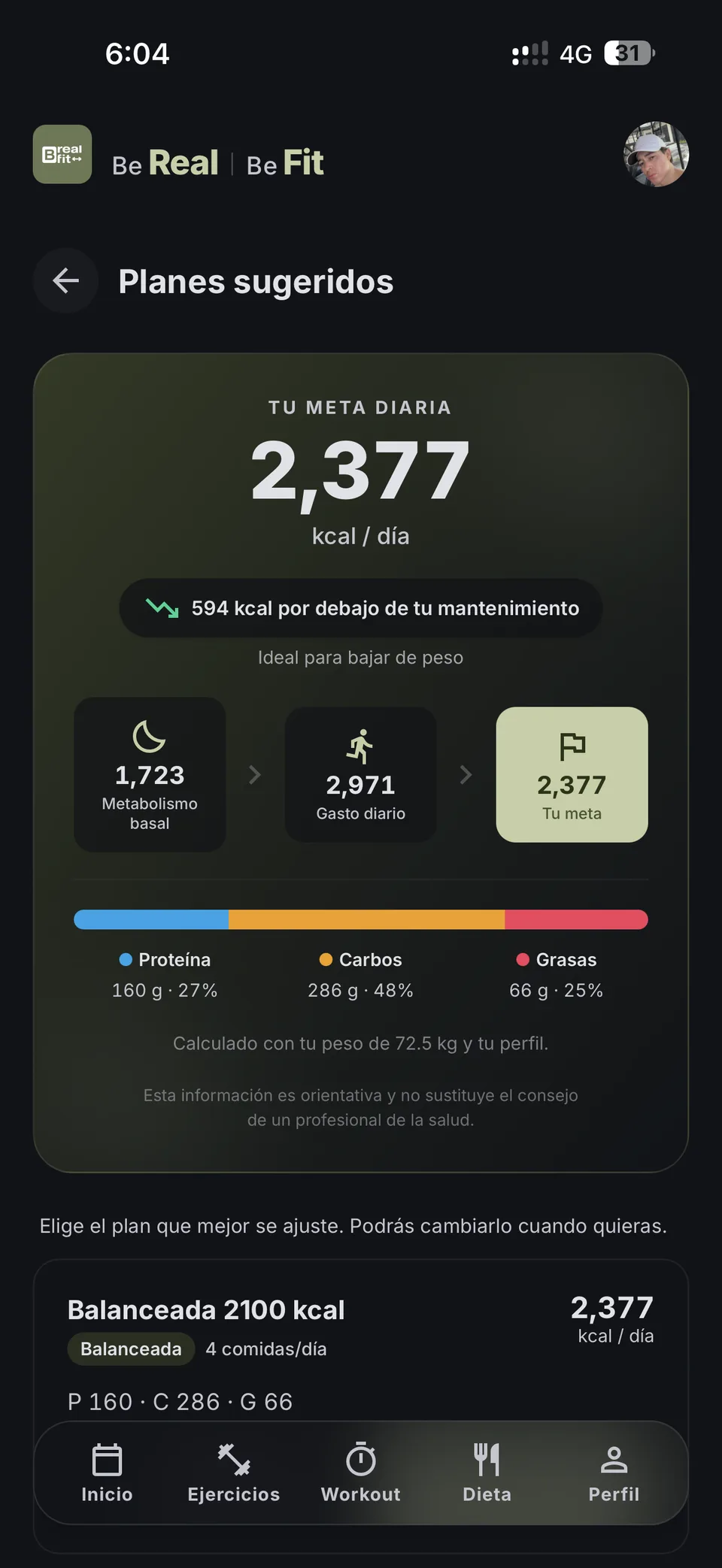 Perfil: Gráficas de progreso y medidas